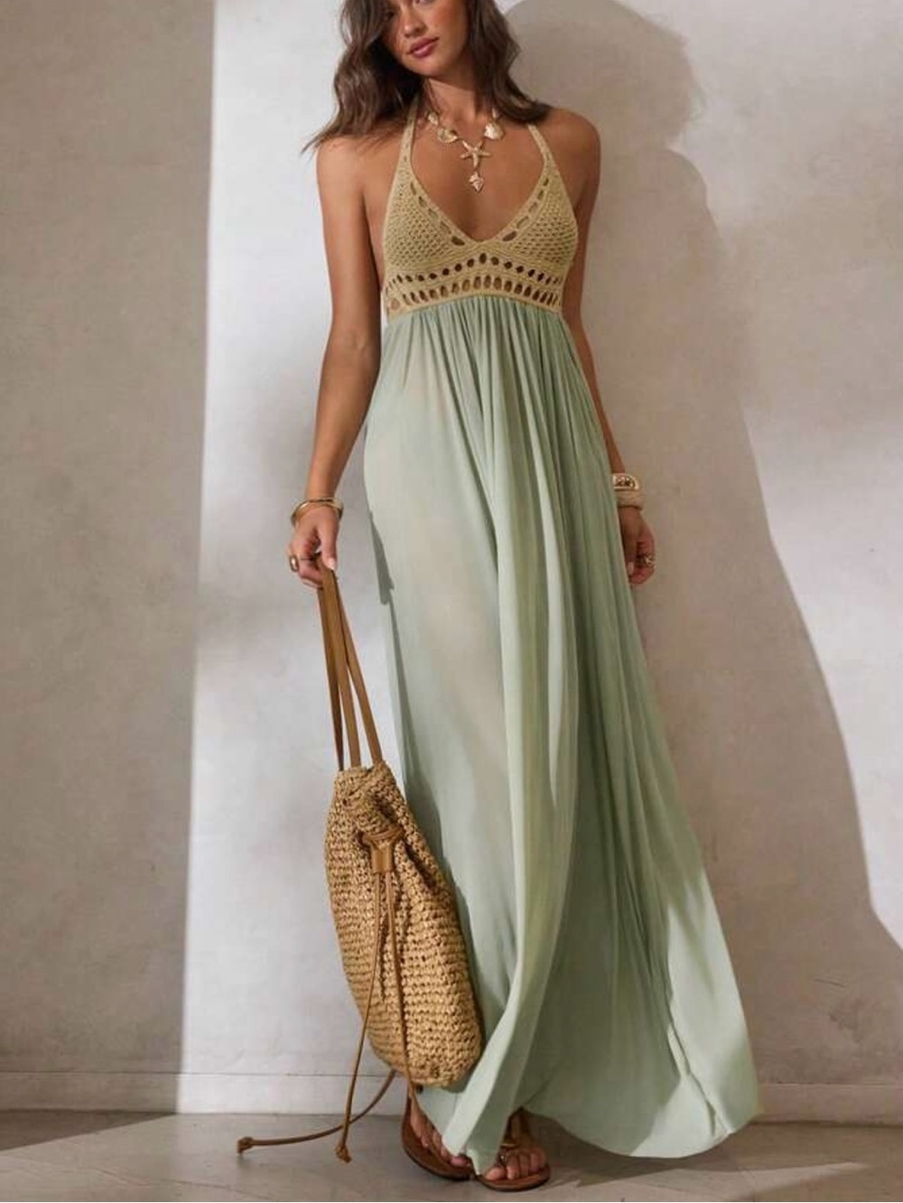 Boho green crochet maxi dress